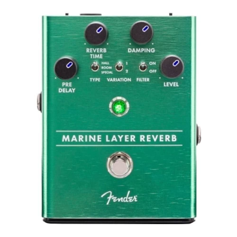 Fender Marine Layer Green Reverb Pedal - Model 234532000 with Hall, Room, Shimmer Types and Magnetically Latched Hinged Battery Door