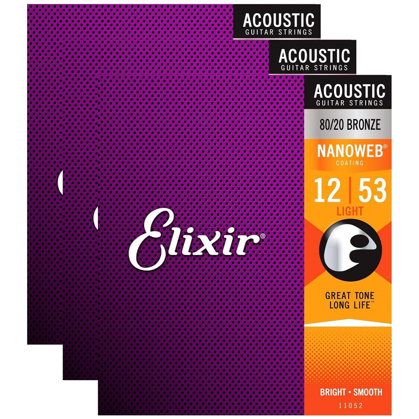 Elixir 11052 Acoustic 80/20 Nano Light 12-53 (3 Pack Bundle)