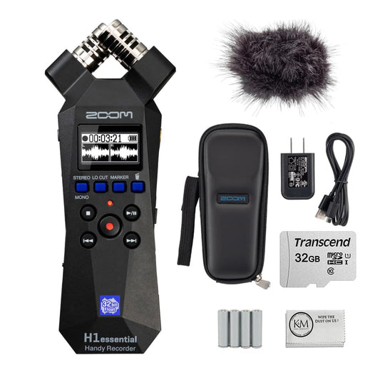 Zoom H1essential 2-Track 32-Bit Float Portable Audio Recorder Bundled with APH-1e Accessory Pack + 32GB Micro-SD Card + AAA Batteries + Cleaning Cloth (5 Items)