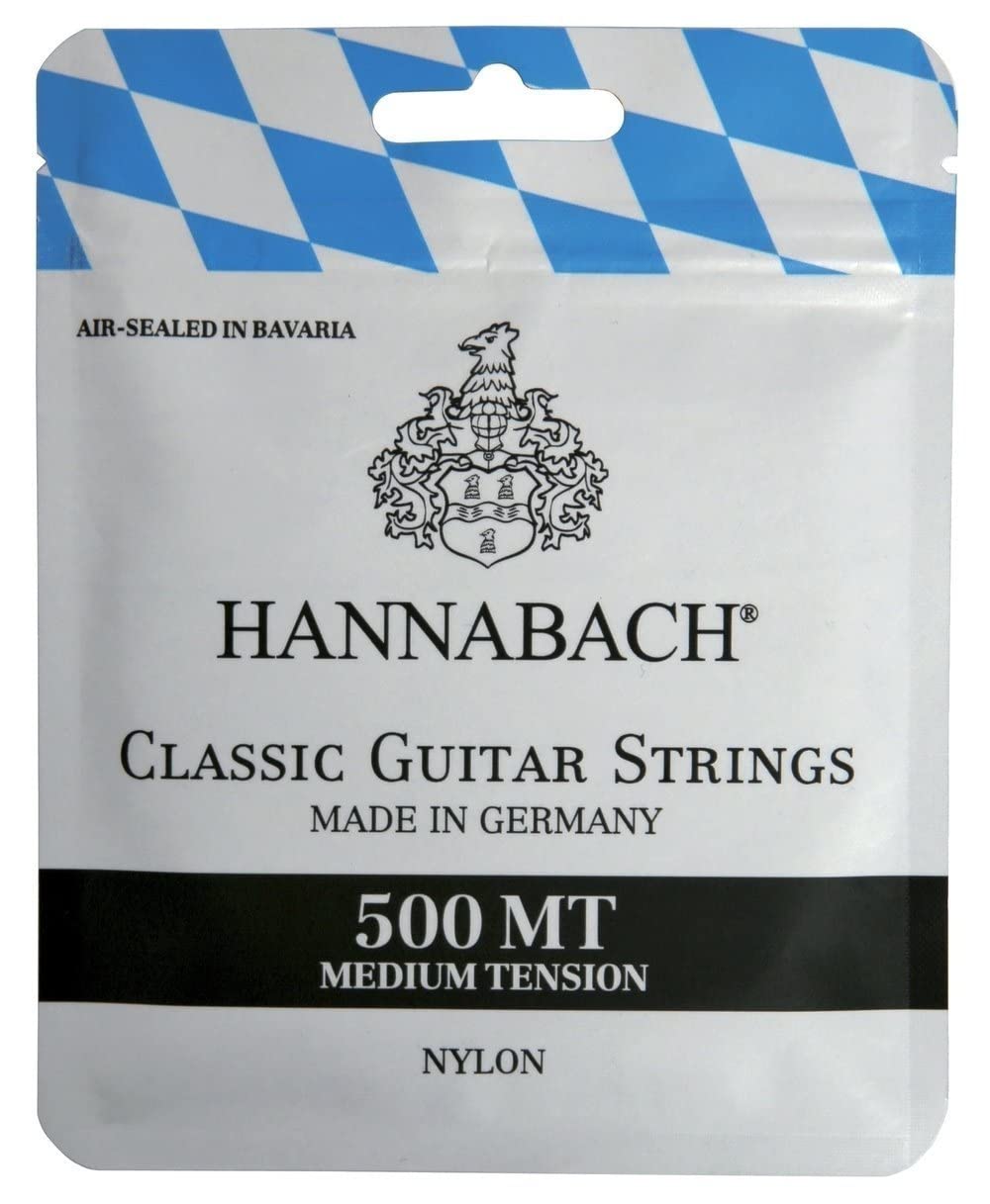 Hannabach 500MT Saiten für Klassikgitarre Satz Medium Tension, Diskantsaiten: Nylon, Bass: Nylonkern mit versilbertem Kupferdraht umsponnen