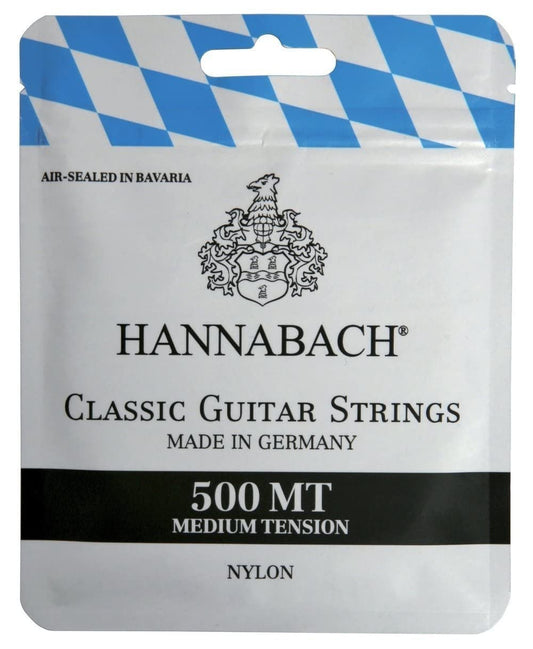 Hannabach 500MT Saiten für Klassikgitarre Satz Medium Tension, Diskantsaiten: Nylon, Bass: Nylonkern mit versilbertem Kupferdraht umsponnen