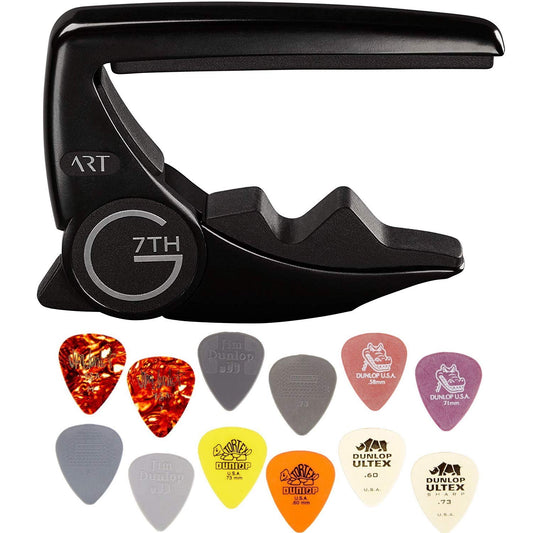 G7th Performance 3 ART Capo - 6 String, Satin Black - Bundled with Dunlop Variety Pick Pack