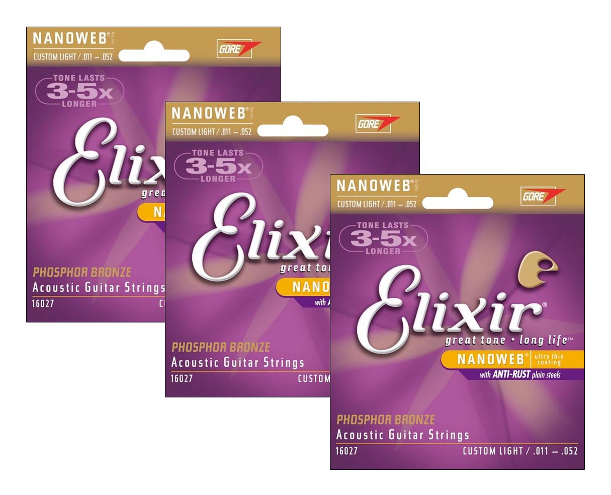 Elixir 16027 Nanoweb Custom Light Phosphor Bronze Acoustic Strings 11-52 (3-pack)