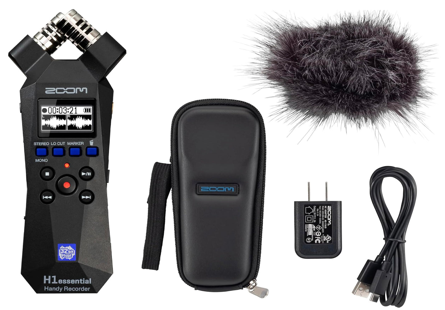 Zoom H1essential 2-Track 32-Bit Float Portable Audio Recorder Bundle with APH-1e with Hairy Windscreen, Padded Shell Case, AC Adapter, & USB C-Cable