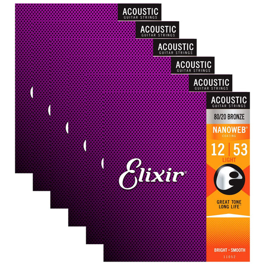 Elixir 11052 Acoustic 80/20 Nano Light 12-53 (6 Pack Bundle)