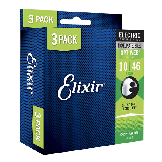 Elixir Strings, Electric Guitar Strings, Nickel Plated Steel with OPTIWEB Coating, Longest-Lasting Crisp Tone with Comfortable Feel, 6 String Set, 3 Pack, Light 10-46