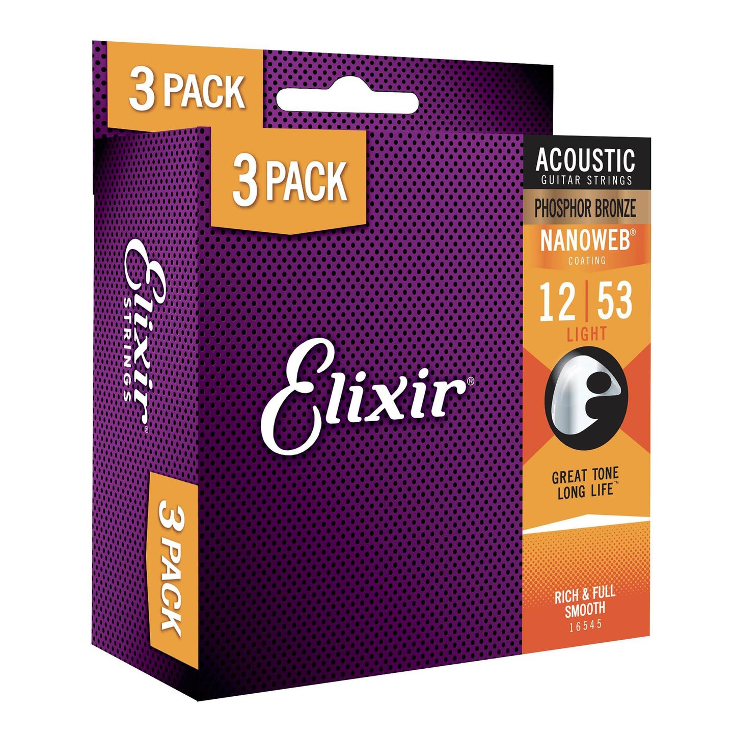 Elixir Strings, Acoustic Guitar Strings, Phosphor Bronze with NANOWEB Coating, Longest-Lasting Rich and Full Tone with Comfortable Feel, 6 String Set, 3 Pack, Light 12-53
