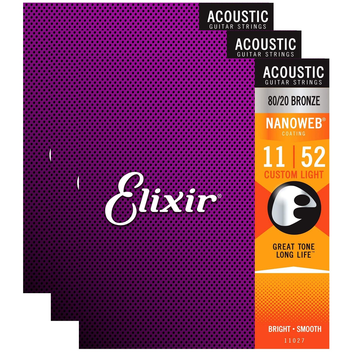Elixir 11027 Acoustic 80/20 Nano Custom Light 11-52 (3 Pack Bundle)