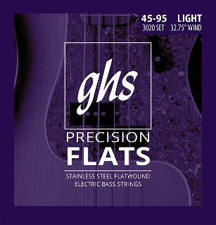 GHS Strings 3020 Short Scale 4-String Bass Precision Flats, Stainless Steel Flatwound, 32.75" Winding, Light (.045-.095)